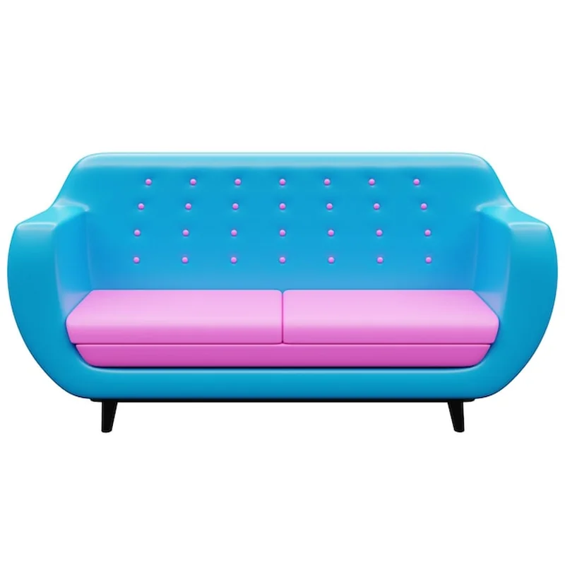 3D ilustracja niebieskiej sofy w stylu retro lat 60 na białym tle