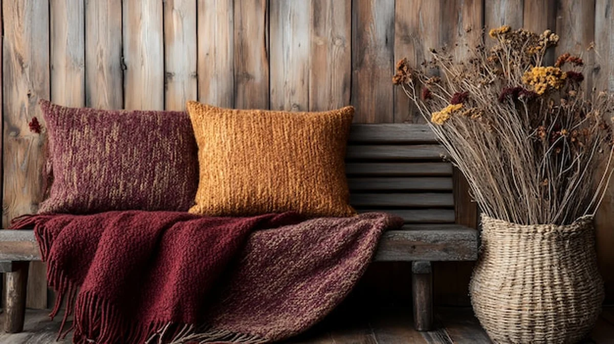 Dwie poduszki, koce na drewnianej ławce z kwiatami w koszyku przed drewnianą ścianą