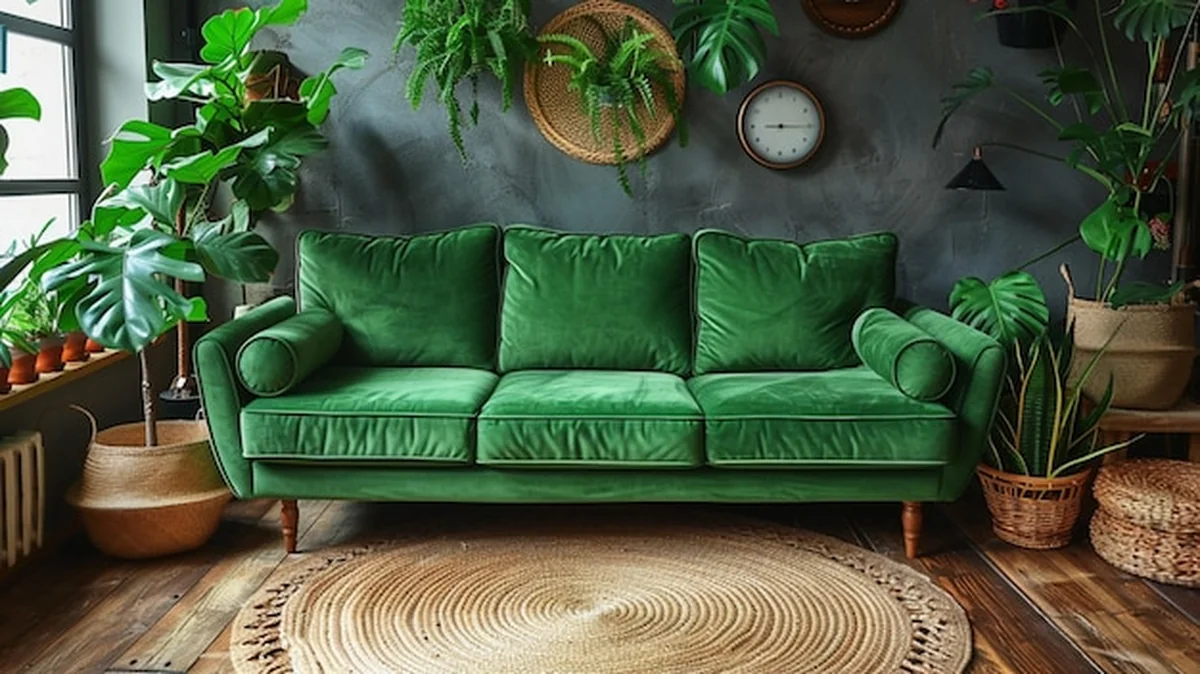 Zielona kanapa z poduszką i zegarem na ścianie