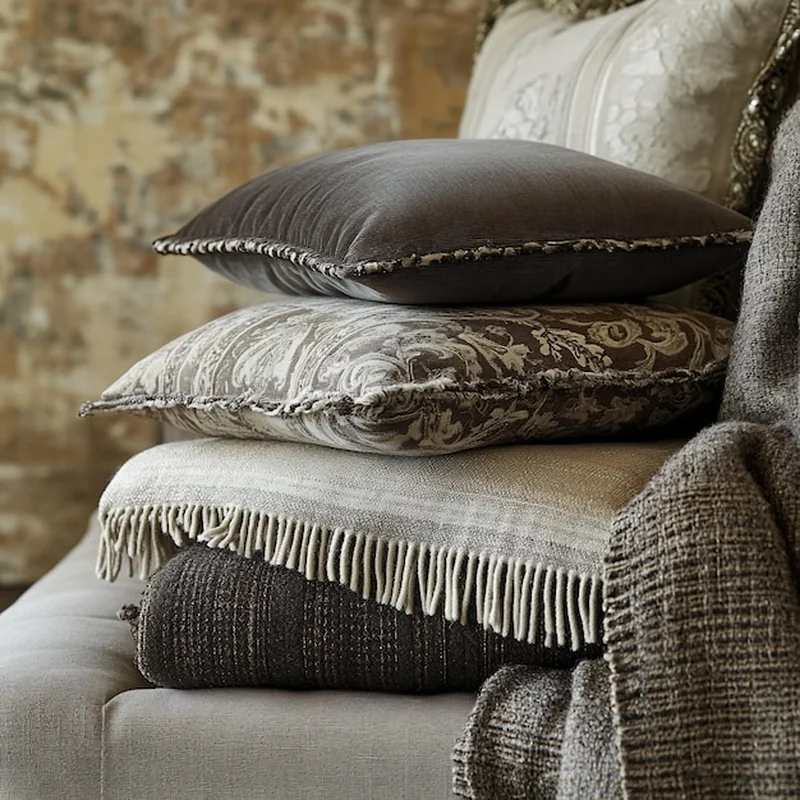 Gromada pluszowych poduszek i koców na beżowej kanapie