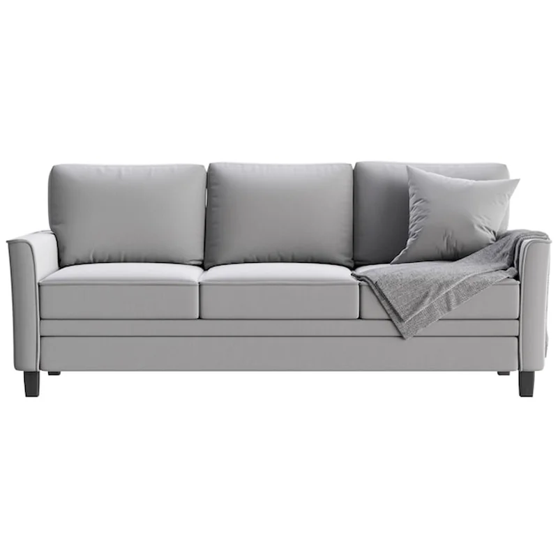 Nowoczesna kanapa z poduszką i płytką na białym tle