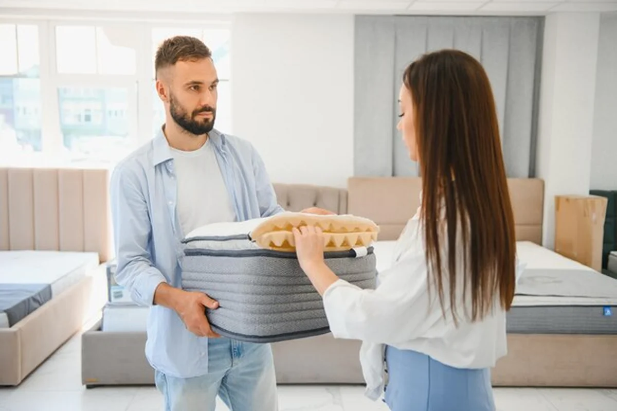 Małżonkowie wybierają nowe łóżko do sypialni w sklepie z meblami