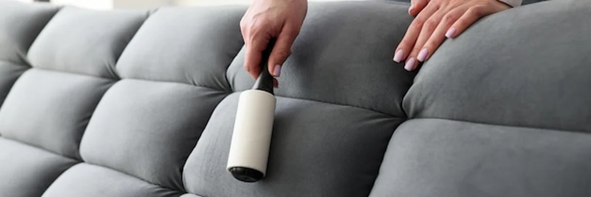 Młoda kobieta czyści szarą sofę wałkiem do kłaczków