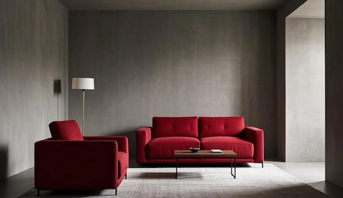 Czerwona kanapa w nowoczesnym salonie