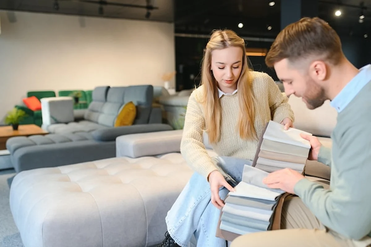 Para wybierająca kanapę w sklepie z meblami