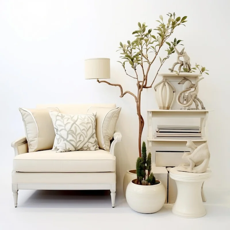 Nowoczesne wnętrze salonu z fotelem, półką na książki i roślinami