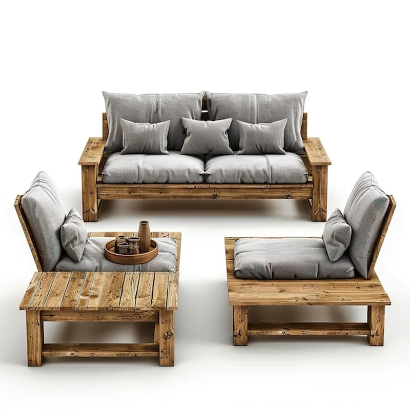 Zestaw drewnianych mebli ogrodowych na białym tle