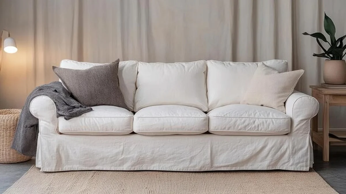 Przyjemny salon z białą kanapą i poduszkami