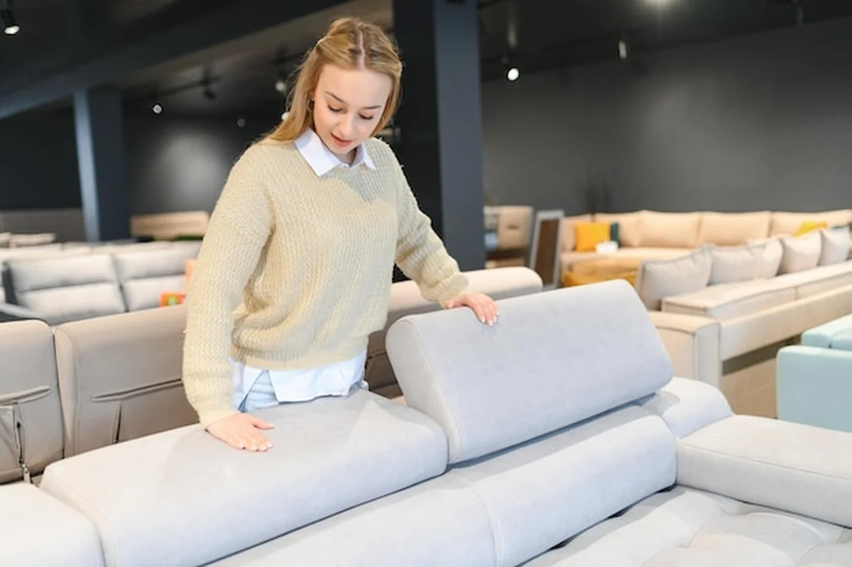 Młoda kobieta wybiera kanapę w sklepie meblowym